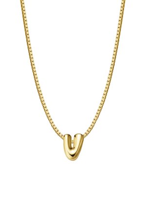 Zelta tonēta kaklarota ar gludu U formas kulonu uz smalka kvadrātu saišu ķēdes. Gluda virsma ar pulētu apdari.