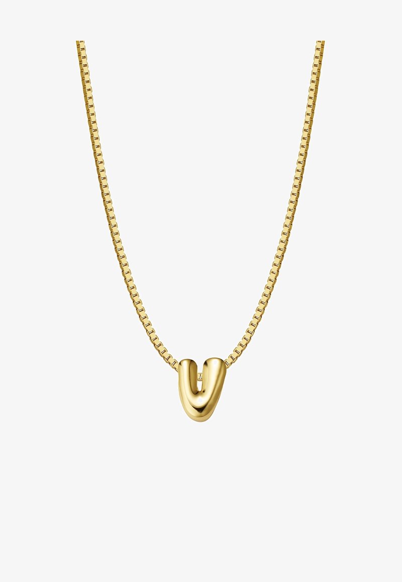 Zlato obarvana ovratnica z elegantnim U-oblikovanim obeskom na tankem kvadratnem verižniku. Gladka površina z brušeno obdelavo.