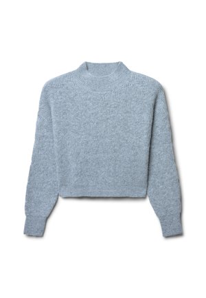 Sweatshirt court gris clair en tissu tricoté texturé, avec un col montant et des manches longues. Motif subtil sur le corps.