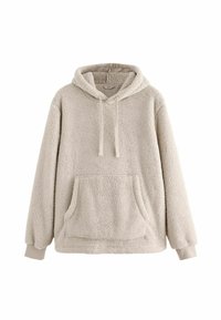 Beige fleece-huppari, jossa on teksturoitu pinta, pitkät hihat, etutasku ja nyörikiristin huppu. Ribbaushaareet ja helma.