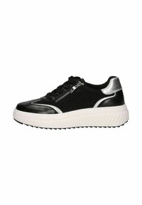 Mustad sneaks hõbedaste aktsentidega, millel on sile nahast ja kangast ülaserv, paks valge tallaga ja külgmise tõmbluku detail.