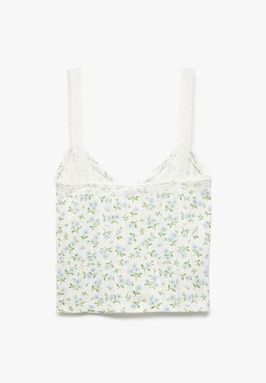 Biała koszulka na ramiączkach z kwiatowym wzorem, zawierająca niebieskie kwiaty i zielone liście na jasnym tle. Koronkowe wykończenie i regulowane ramiączka dodają szczegółów.