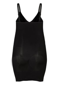 Zwarte shapewear jurk met verstelbare banden, gladde textuur, figuurvolgend ontwerp en naadloze afwerking. V-hals en midden-dijlengte.