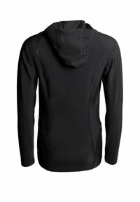 Svart långärmad hoodie med en figurnära design, som har en stor huva, sömlös sömnad och en mjuk, lätt tygstruktur.