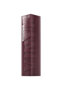 Maybelline Superstay Vinyl Ink dans un tube bourgogne profond. L'emballage présente un texte en relief et une finition brillante, avec un design rectangulaire simple.