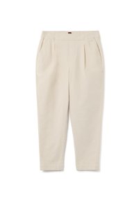 Pantalones beige con cintura elástica, dos bolsillos laterales y un diseño de pierna recta. Fabricados con una tela suave y lisa con un ligero brillo.