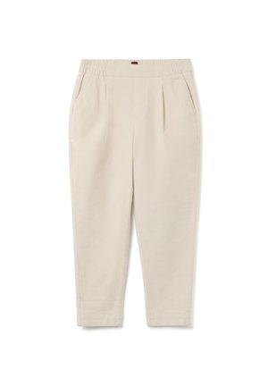 Pantaloni beige con cintura elastica, due tasche laterali e design dritto. Realizzati in un tessuto morbido e liscio con una leggera lucentezza.