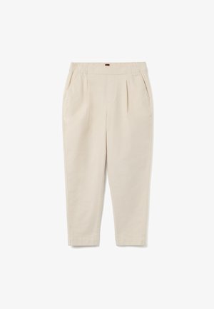 Pantaloni beige con cintura elastica, due tasche laterali e design dritto. Realizzati in un tessuto morbido e liscio con una leggera lucentezza.