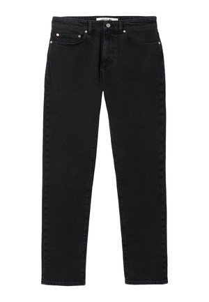 Jeans in denim nero con taglio dritto, dotati di una vita a media altezza, design a cinque tasche e hardware in tonalità argento. Texture e finitura pulite.