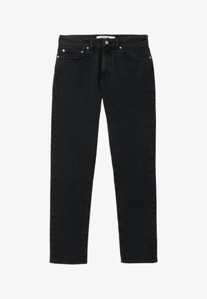 Jeans de mezclilla negra con corte recto, con una cintura de altura media, diseño de cinco bolsillos y herrajes en tono plateado. Textura y acabado limpios.