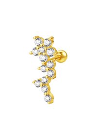 Złote kolczyki o falistym kształcie, ozdobione wieloma przezroczystymi cyrkoniami różnej wielkości, tworzącymi efekt błysku.