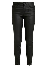 Pantalones de cuero negro con un corte ajustado, que cuentan con detalles de cremallera en los tobillos y bolsillos estándar. Textura suave con un diseño clásico.