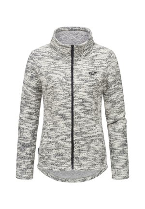 Fleece jacket in gray and white marled pattern, featuring a high collar, full-length zipper, and textured fabric. Notable logo on chest.