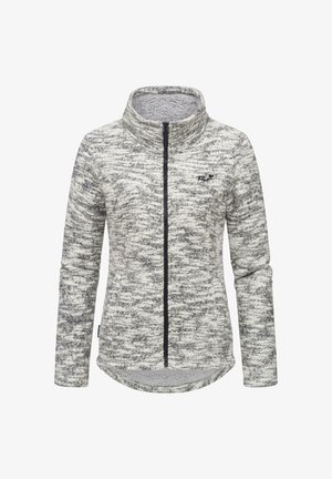 Giacca in pile con un motivo grigio e bianco mélange, dotata di un colletto alto, zip a lunghezza intera e tessuto strutturato. Logo ben visibile sul petto.