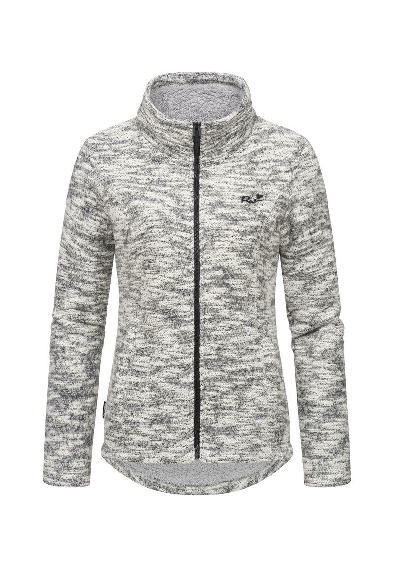 Fleece jaka ar pelēku un baltu marmora rakstu, ar augstu apkakli, pilna garuma rāvējslēdzēju un tekstūras audumu. Ievērojams logotips uz krūtīm.