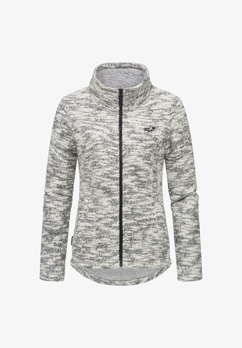 Fleece takki harmaassa ja valkoisessa marled-kuviossa, jossa on korkea kaulus, pitkä vetoketju ja teksturoitu kangas. Huomattava logo rinnassa.