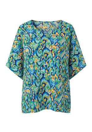 Losse blouse met korte mouwen met een levendig blauw, groen, oranje en roze abstract bloemmotief en een afgeronde V-hals.