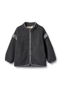 Grau Fleece-Jacke mit hohem Kragen, Reißverschluss vorne, floral gemusterten Akzenten an den Ärmeln und elastischen Bündchen. Weiche Textur, lockere Passform.