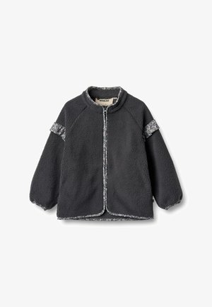 Veste en polaire grise avec un col haut, fermeture éclair à l'avant, accents à motifs floraux sur les manches et poignets élastiques. Texture douce, coupe décontractée.