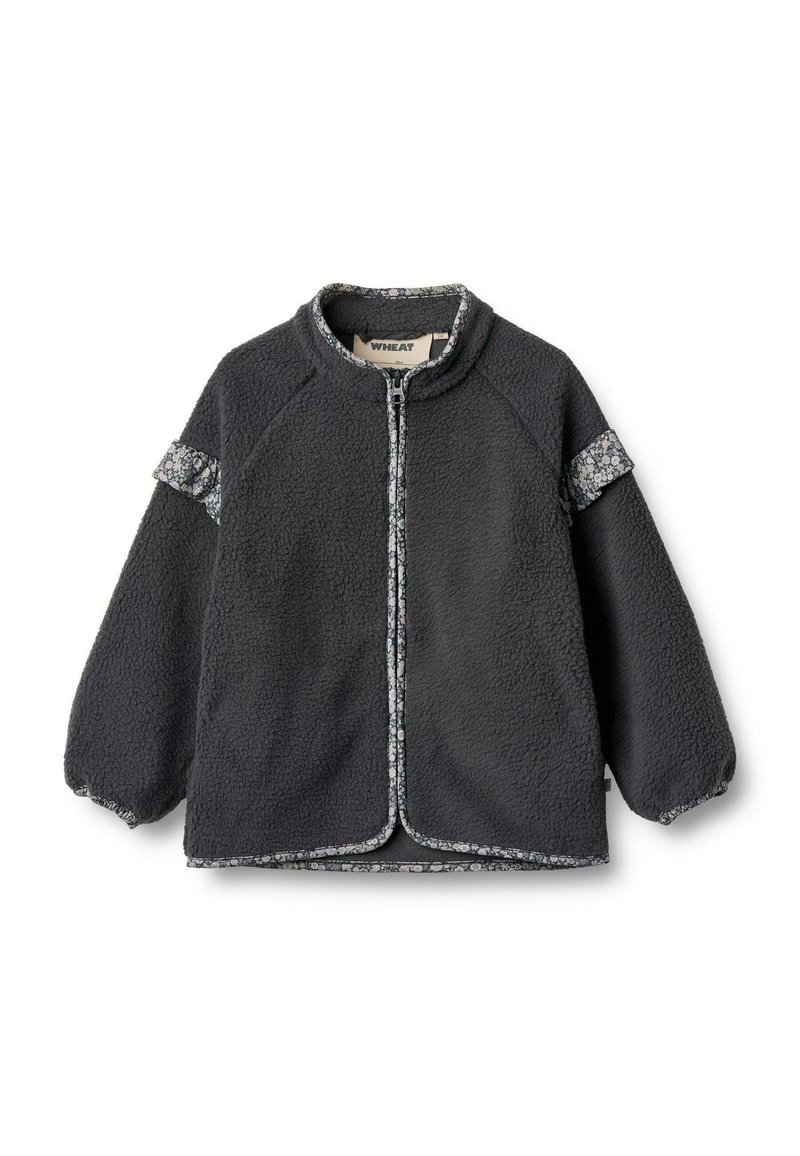 Grau Fleece-Jacke mit hohem Kragen, Reißverschluss vorne, floral gemusterten Akzenten an den Ärmeln und elastischen Bündchen. Weiche Textur, lockere Passform.