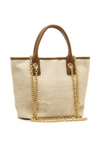 Borsa tote in tela beige con dettagli in pelle marrone, doppio manico e tracolla a catena dorata. Tessuto lavorato con cuciture rinforzate.