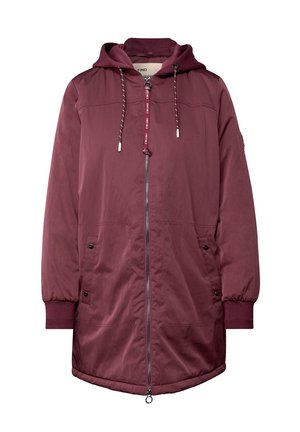 Veste longue bordeaux avec capuche, fermeture éclair, poches latérales et poignets côtelés. Fabriquée dans un tissu lisse et léger.