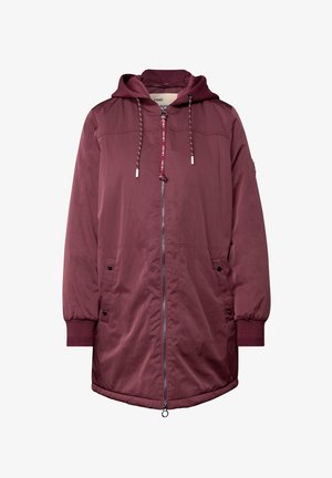 Giacca lunga bordeaux con cappuccio, chiusura con zip, tasche laterali e polsini a costine. Realizzata in un tessuto liscio e leggero.