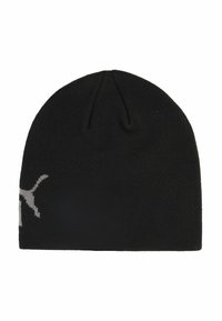 Beanie nero a maglia con una consistenza liscia, caratterizzato da un logo grigio discreto su un lato e una parte superiore arrotondata raccolta in un piccolo pon-pon.