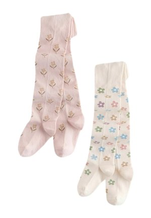 Zwei Paar Kinderstrumpfhosen, eines rosa mit kleinen beigen Blumen, eines weiß mit mehrfarbigen Blumenmustern auf weißem Hintergrund.