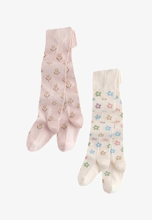 To par børnetights, den ene lyserød med små beige blomster, den anden hvid med flerfarvede blomsterprint på hvid baggrund.