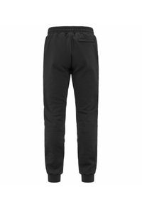 Pantalones de chándal negros hechos de una tela suave, con una cintura elástica, puños ajustados y un pequeño bolsillo trasero. Diseño simple y sólido.