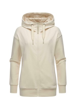 Felpa con zip di un beige chiaro, realizzata in tessuto morbido. Presenta un ampio cappuccio, cordini regolabili e polsini a costine. Branding discreto sul petto.