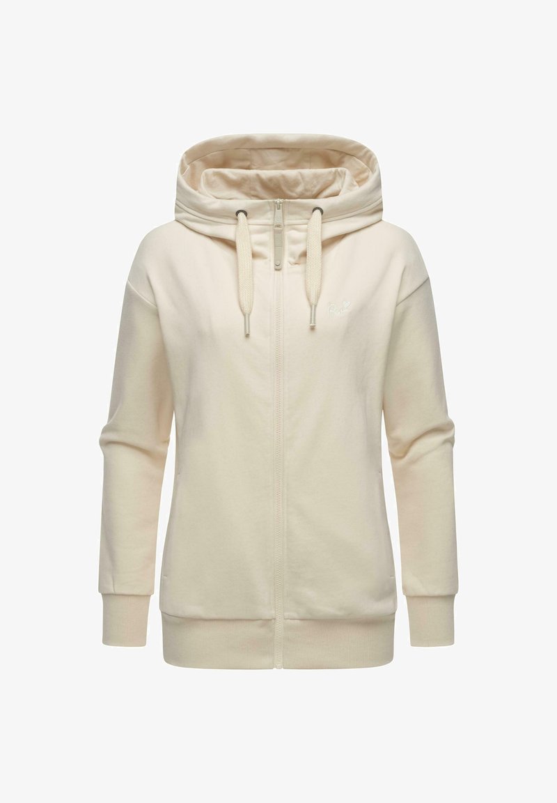Svetlo béžová zapínacia mikina z mäkkej tkaniny. Má veľkú kapucňu, nastaviteľné šnúrky a rebrované manžety. Diskrétne logo na hrudi.