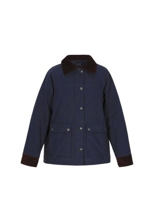 Marineblaue Baumwolljacke mit einem braunen Cordkragen, vorderem Knopfverschluss, zwei großen Taschen und kontrastierenden braunen Akzenten an den Manschetten.