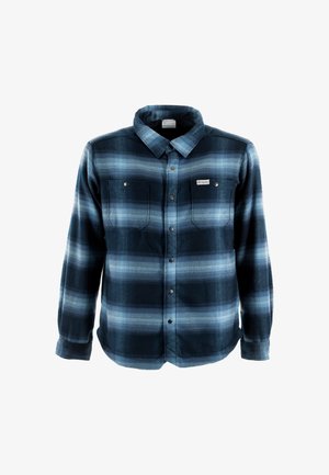 Blauw-zwart geruit flanellen overhemd met lange mouwen, borstzakken, kraag en drukknopen. Zachte textuur met een licht geborstelde afwerking.