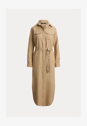 Béžové dlhé košeľové šaty s dlhým rukávom, zapínané na gombíky, s vreckami na hrudi a opaskom na zaväzovanie v páse, s golierom a dĺžkou po lýtka.