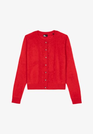 Rode, cropped cardigan gemaakt van zacht materiaal, met een ronde hals, een knoopsluiting aan de voorkant met vijf zilverkleurige knopen en geribbelde manchetten.