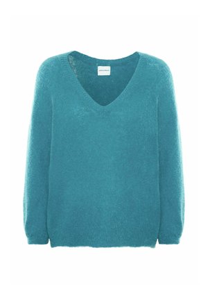Pull en maille bleu turquoise doux avec manches longues et col en V, présenté sur fond blanc.