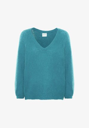 Suéter de punto azul turquesa suave con mangas largas y cuello en V, mostrado sobre un fondo blanco.