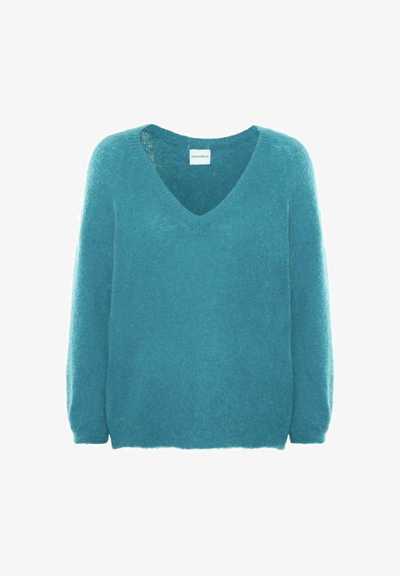 Pull en maille bleu turquoise doux avec manches longues et col en V, présenté sur fond blanc.