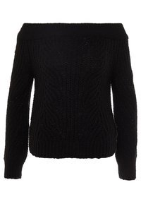 Pull noir en maille, épaules dénudées, avec un motif torsadé texturé, manches longues et ourlet côtelé. Matière douce avec une coupe ample.