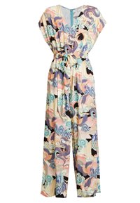 Pastel-colored jumpsuit with wide legs, V-neck, short sleeves, self-tie belt, and intricate dragon and crane pattern.