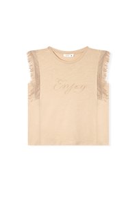 Top beige a maniche corte con ricamo della scritta "Enjoy" e rifinitura con frange lungo le spalle. Tessuto morbido con vestibilità comoda.