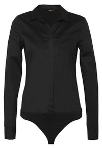 Bodysuit noir à manches longues avec un col, fermeture à boutons et tissu lisse. Forme ajustée avec un bas style thong.