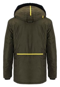 Dunkelgrüne Parka-Jacke mit einer mit Fell gefütterten Kapuze, gelben Akzenten und einem Reißverschluss. Verfügt über elastische Bündchen und zwei hintere Taschen.