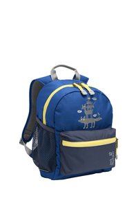 Μπλε και ναυτικό παιδικό σακίδιο με κίτρινους φερμουάρ, πλευρικές τσέπες από δίχτυ, γκρι λουριά λαβής και γραφικό με κινούμενα σχέδια ζώων στο μπροστινό μέρος.