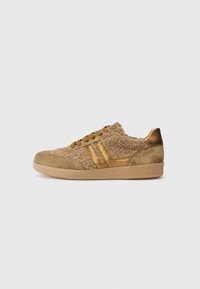 Tan sneaker with a textured, fluffy body, golden stripes, and a smooth brown suede toe. Rubber sole provides traction.
