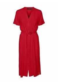 Punainen midi-mekko, joka on valmistettu kevyestä kankaasta. Ominaisuuksiin kuuluu lyhyet hihat, napitettava etuosa, sidottu vyötärö ja halkiohelma, joka mahdollistaa liikkumisen vaivatta.