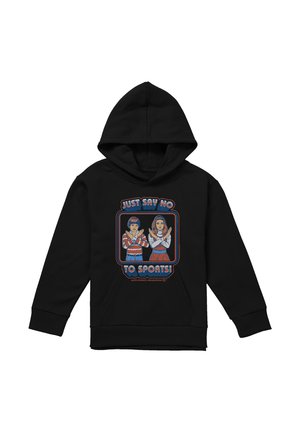 Schwarzer Hoodie mit einer Grafik von einem Jungen und einem Mädchen, die die Arme verschränkt haben, und dem Text "Sag einfach nein zu Sport! Anti-Sport-Bewusstsein."