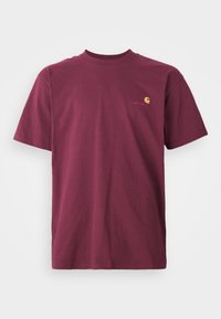 Burgundy cotton t-shirt with short sleeves and a rounded neckline. Features a gold embroidered logo on the chest. Plain design.